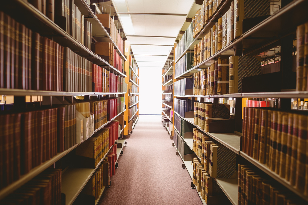 Close up of a bookshelf in library